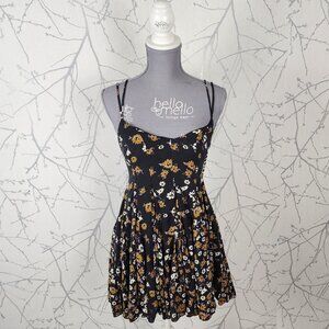 Free People Black Daisy Floral Print Strappy Flowy Mini Dress